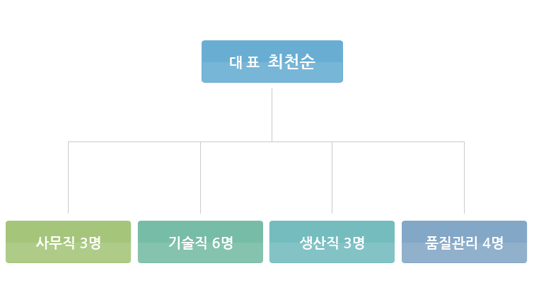 대표-최천순 그 밑으로 사무직3명 기술직 3명 생산직 3명